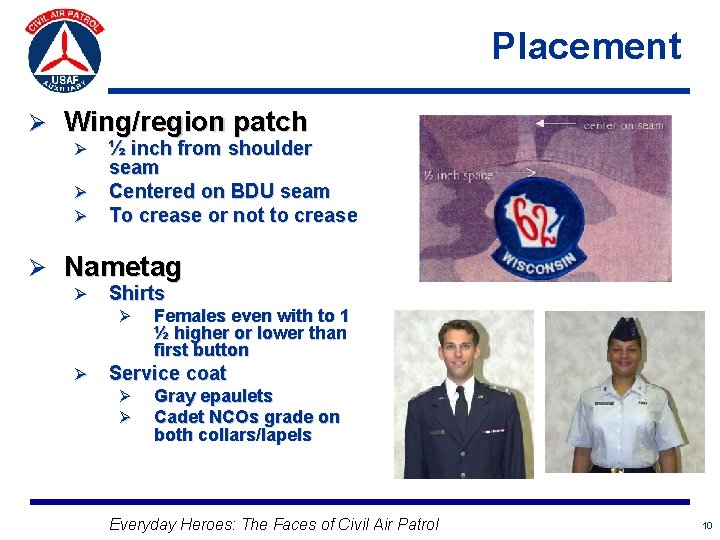 Placement Ø Wing/region patch Ø Ø Ø ½ inch from shoulder seam Centered on