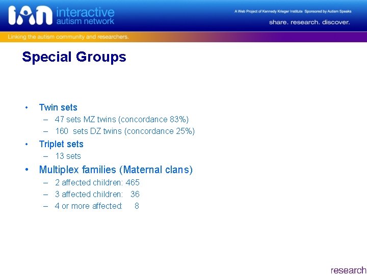 Special Groups • Twin sets – 47 sets MZ twins (concordance 83%) – 160
