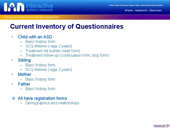 Current Inventory of Questionnaires • Child with an ASD – – • Basic history
