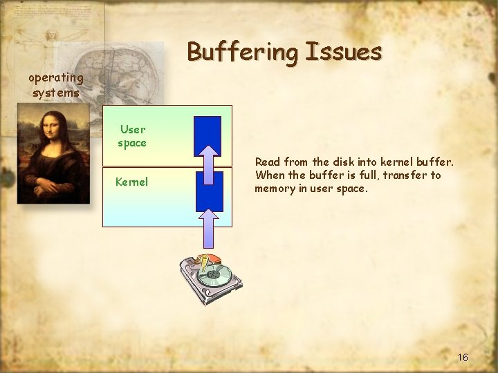 Buffering Issues operating systems User space Kernel Read from the disk into kernel buffer.