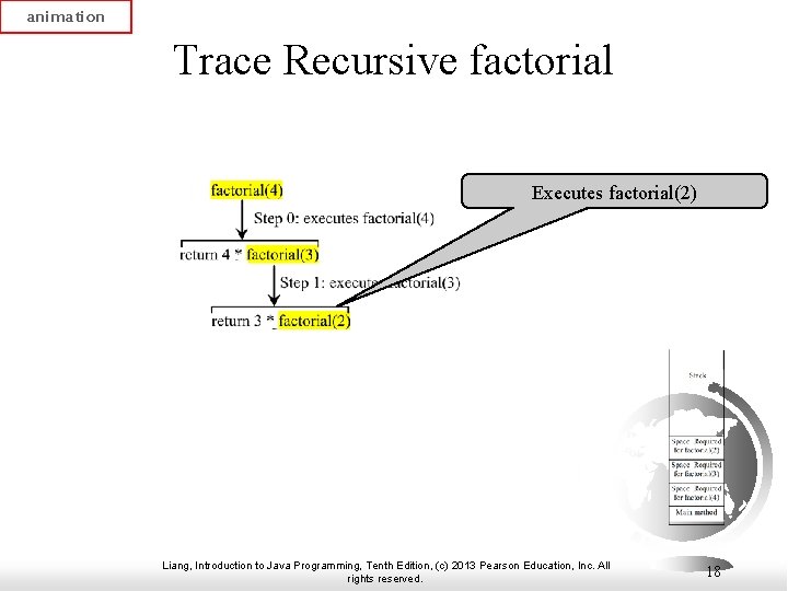 animation Trace Recursive factorial Executes factorial(2) Liang, Introduction to Java Programming, Tenth Edition, (c) animation Trace Recursive factorial Executes factorial(2) Liang, Introduction to Java Programming, Tenth Edition, (c)