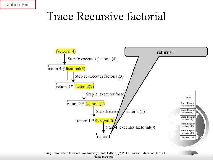 animation Trace Recursive factorial returns 1 Liang, Introduction to Java Programming, Tenth Edition, (c)