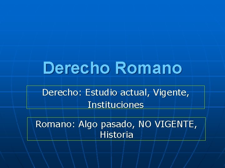 Derecho Romano Derecho: Estudio actual, Vigente, Instituciones Romano: Algo pasado, NO VIGENTE, Historia 