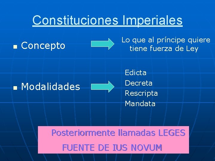 Constituciones Imperiales n n Concepto Modalidades Lo que al príncipe quiere tiene fuerza de