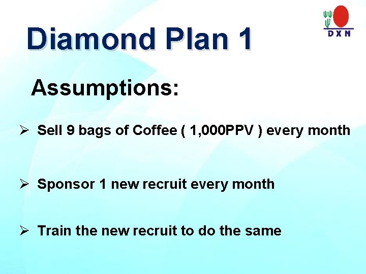 Diamond Plan 1 Assumptions: Ø Sell 9 bags of Coffee ( 1, 000 PPV