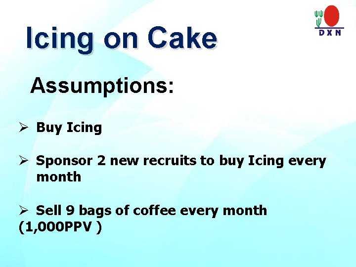 Icing on Cake Assumptions: Ø Buy Icing Ø Sponsor 2 new recruits to buy