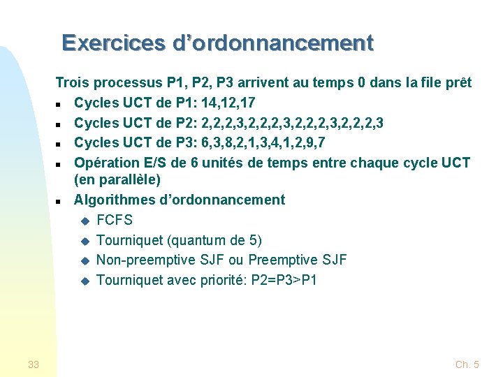 Exercices d’ordonnancement Trois processus P 1, P 2, P 3 arrivent au temps 0 Exercices d’ordonnancement Trois processus P 1, P 2, P 3 arrivent au temps 0