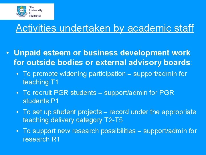 Activities undertaken by academic staff • Unpaid esteem or business development work for outside