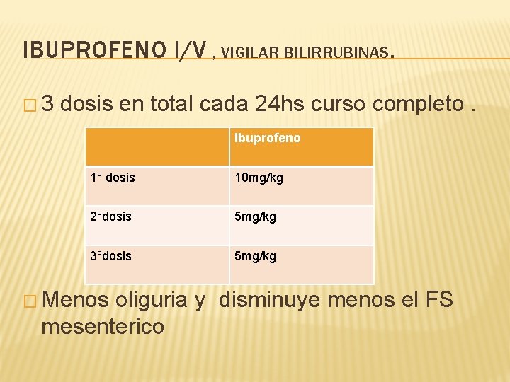 IBUPROFENO I/V , VIGILAR BILIRRUBINAS. � 3 dosis en total cada 24 hs curso