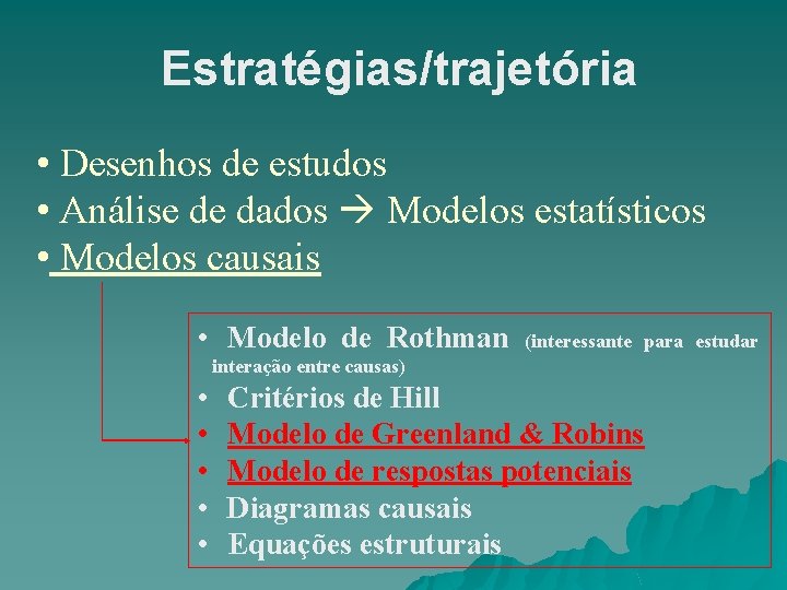 Estratégias/trajetória • Desenhos de estudos • Análise de dados Modelos estatísticos • Modelos causais Estratégias/trajetória • Desenhos de estudos • Análise de dados Modelos estatísticos • Modelos causais