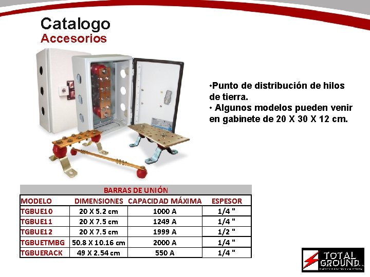Catalogo Accesorios • Punto de distribución de hilos de tierra. • Algunos modelos pueden