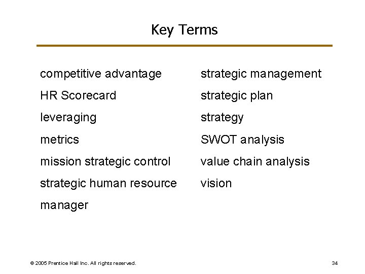 Key Terms competitive advantage strategic management HR Scorecard strategic plan leveraging strategy metrics SWOT