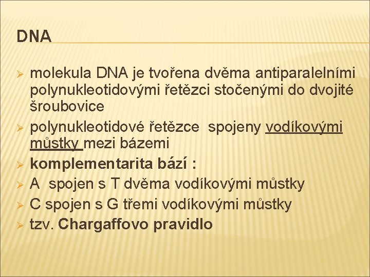 DNA Ø Ø Ø molekula DNA je tvořena dvěma antiparalelními polynukleotidovými řetězci stočenými do