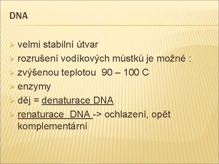 DNA velmi stabilní útvar Ø rozrušení vodíkových můstků je možné : Ø zvýšenou teplotou