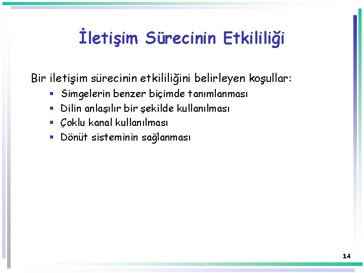 İletişim Sürecinin Etkililiği Bir iletişim sürecinin etkililiğini belirleyen koşullar: § § Simgelerin benzer biçimde