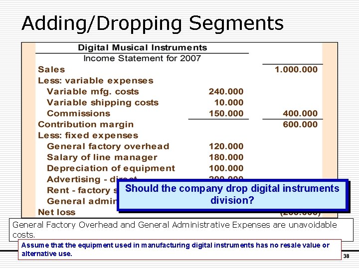 Adding/Dropping Segments Should the company drop digital instruments division? General Factory Overhead and General