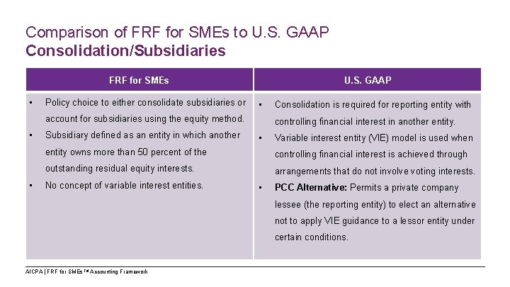 Comparison of FRF for SMEs to U. S. GAAP Consolidation/Subsidiaries FRF for SMEs •