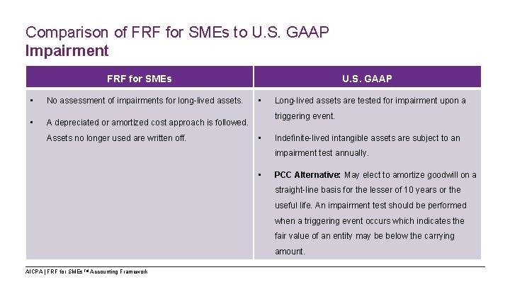 Comparison of FRF for SMEs to U. S. GAAP Impairment FRF for SMEs •