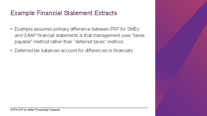 Example Financial Statement Extracts • Example assumes primary difference between FRF for SMEs and