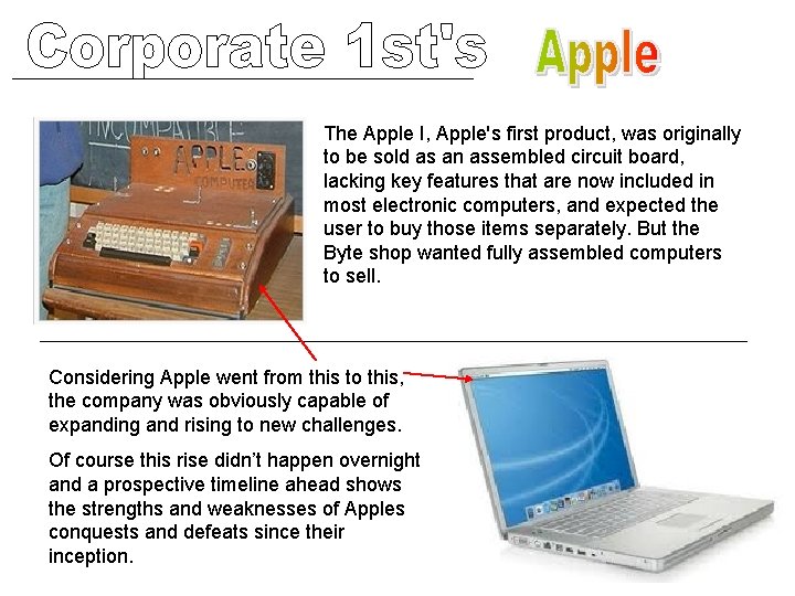 The Apple I, Apple's first product, was originally to be sold as an assembled