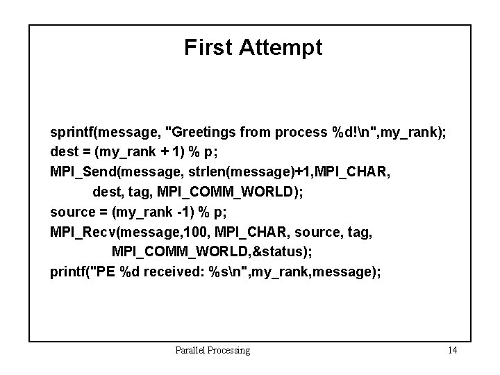 First Attempt sprintf(message, "Greetings from process %d!n", my_rank); dest = (my_rank + 1) %