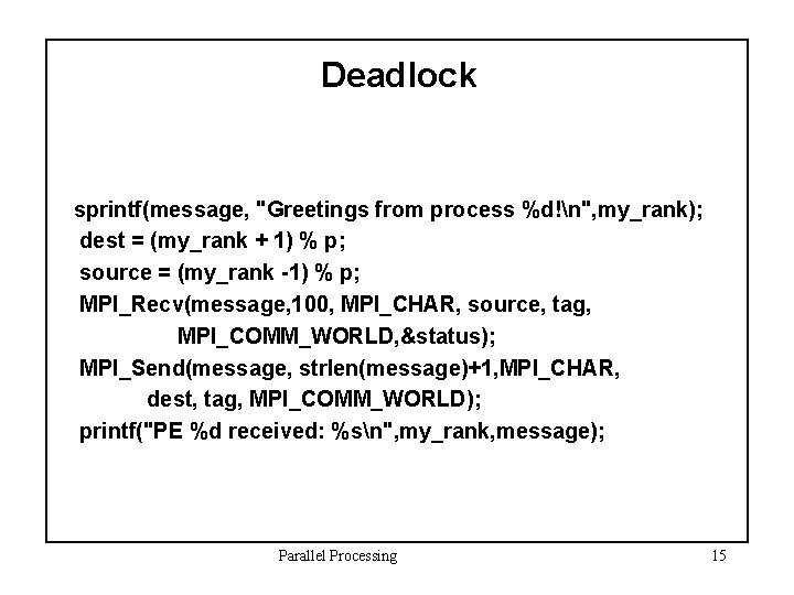 Deadlock sprintf(message, "Greetings from process %d!n", my_rank); dest = (my_rank + 1) % p;