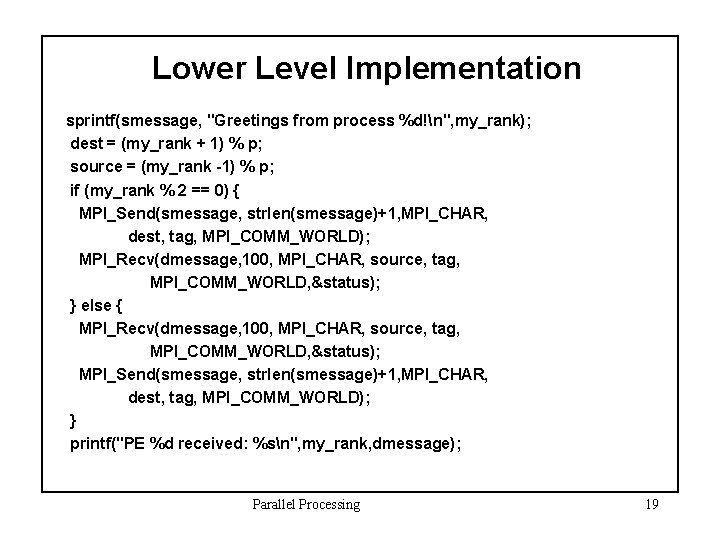 Lower Level Implementation sprintf(smessage, "Greetings from process %d!n", my_rank); dest = (my_rank + 1)
