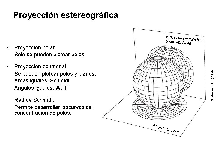 Proyección estereográfica Proyección polar Solo se pueden plotear polos • Proyección ecuatorial Se pueden