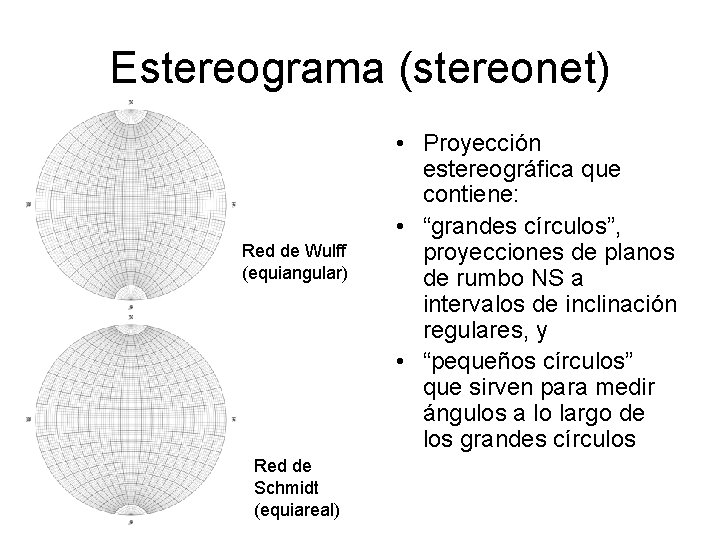 Estereograma (stereonet) Red de Wulff (equiangular) Red de Schmidt (equiareal) • Proyección estereográfica que