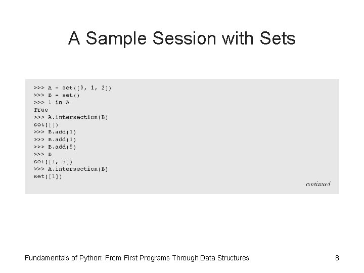 A Sample Session with Sets Fundamentals of Python: From First Programs Through Data Structures