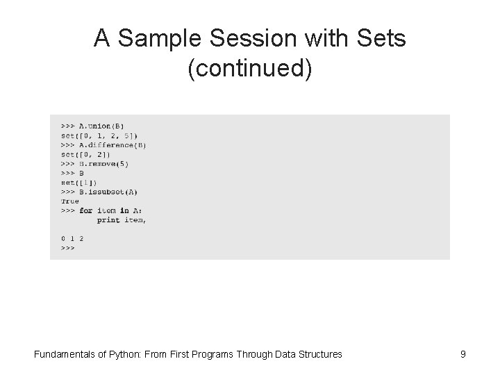 A Sample Session with Sets (continued) Fundamentals of Python: From First Programs Through Data