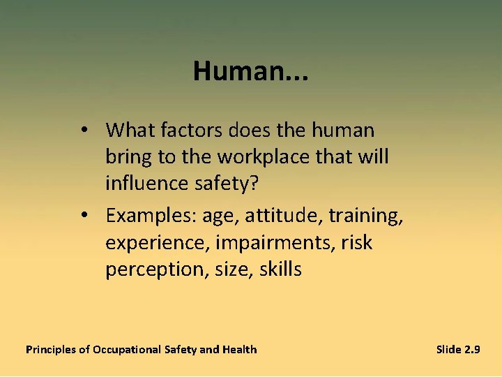 Human. . . • What factors does the human bring to the workplace that