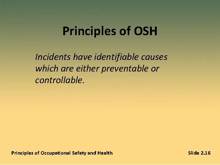 Principles of OSH Incidents have identifiable causes which are either preventable or controllable. Principles