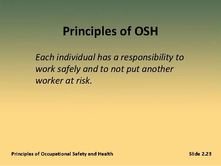 Principles of OSH Each individual has a responsibility to work safely and to not