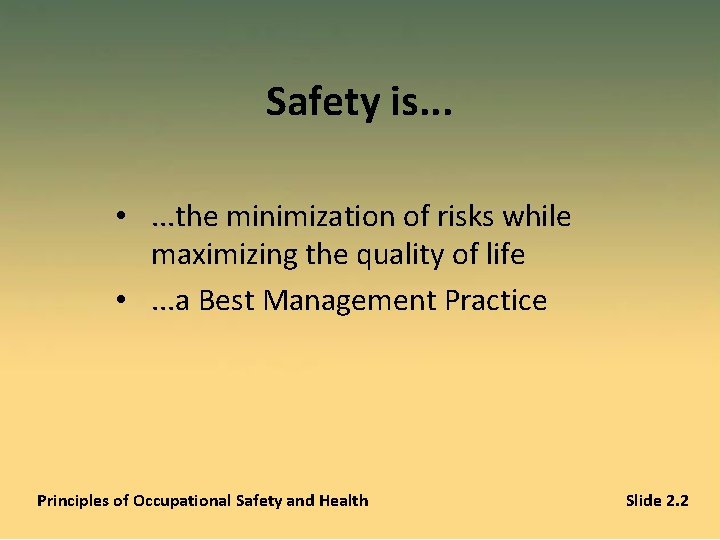 Safety is. . . • . . . the minimization of risks while maximizing