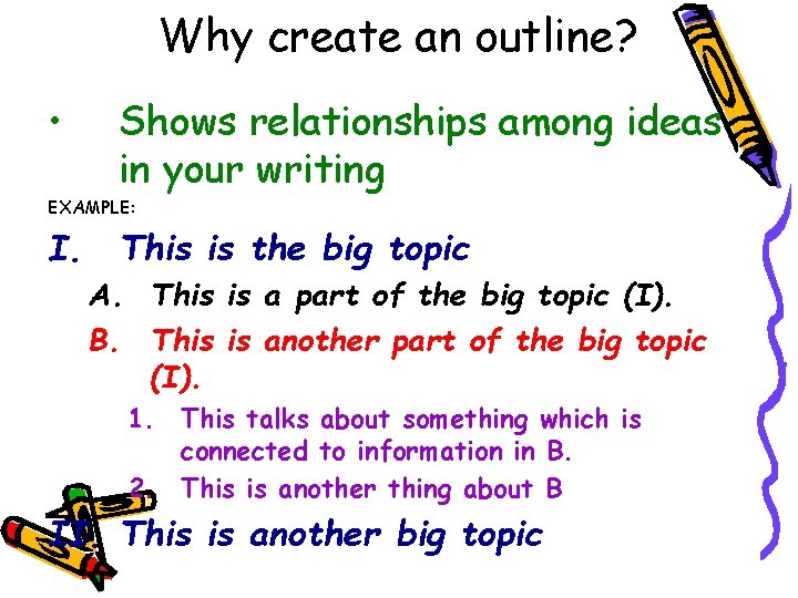 Why create an outline? • Shows relationships among ideas in your writing EXAMPLE: I.