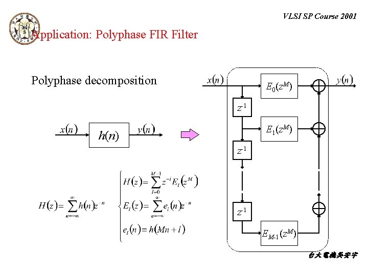 VLSI SP Course 2001 Application: Polyphase FIR Filter Polyphase decomposition E 0(z. M) z-1