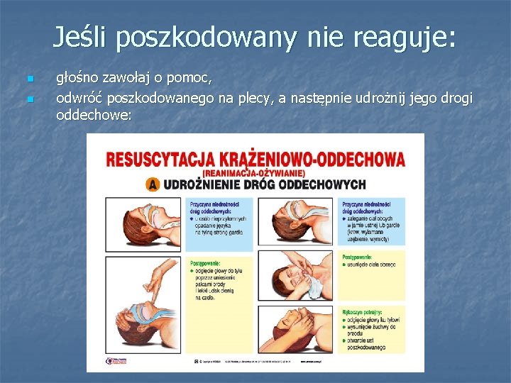 Jeśli poszkodowany nie reaguje: n n głośno zawołaj o pomoc, odwróć poszkodowanego na plecy,