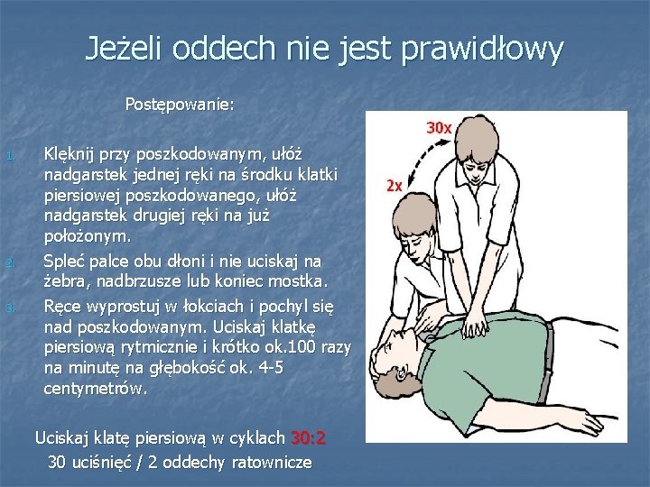 Jeżeli oddech nie jest prawidłowy Postępowanie: 1. 2. 3. Klęknij przy poszkodowanym, ułóż nadgarstek