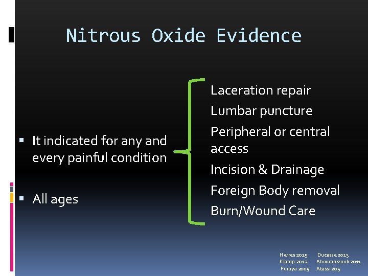Nitrous Oxide Evidence It indicated for any and every painful condition All ages Laceration
