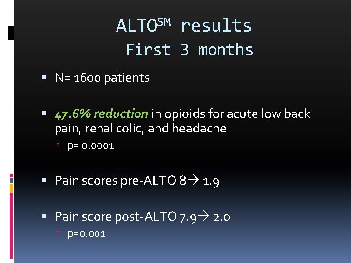 ALTOSM results First 3 months N= 1600 patients 47. 6% reduction in opioids for