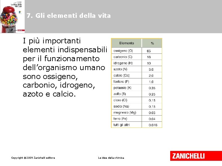 7. Gli elementi della vita I più importanti elementi indispensabili per il funzionamento dell’organismo