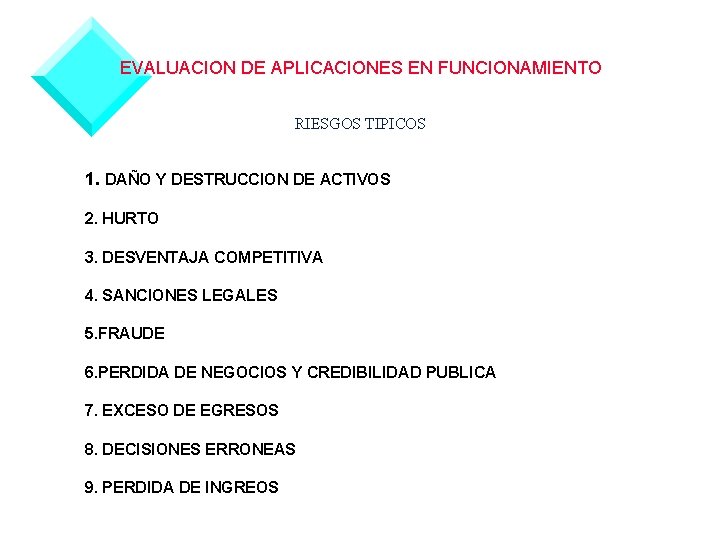 EVALUACION DE APLICACIONES EN FUNCIONAMIENTO RIESGOS TIPICOS 1. DAÑO Y DESTRUCCION DE ACTIVOS 2.