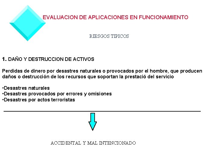 EVALUACION DE APLICACIONES EN FUNCIONAMIENTO RIESGOS TIPICOS 1. DAÑO Y DESTRUCCION DE ACTIVOS Perdidas