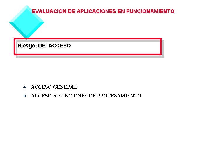 EVALUACION DE APLICACIONES EN FUNCIONAMIENTO Riesgo: DE ACCESO v ACCESO GENERAL v ACCESO A