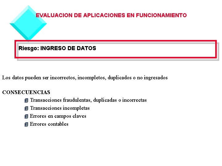 EVALUACION DE APLICACIONES EN FUNCIONAMIENTO Riesgo: INGRESO DE DATOS Los datos pueden ser incorrectos,
