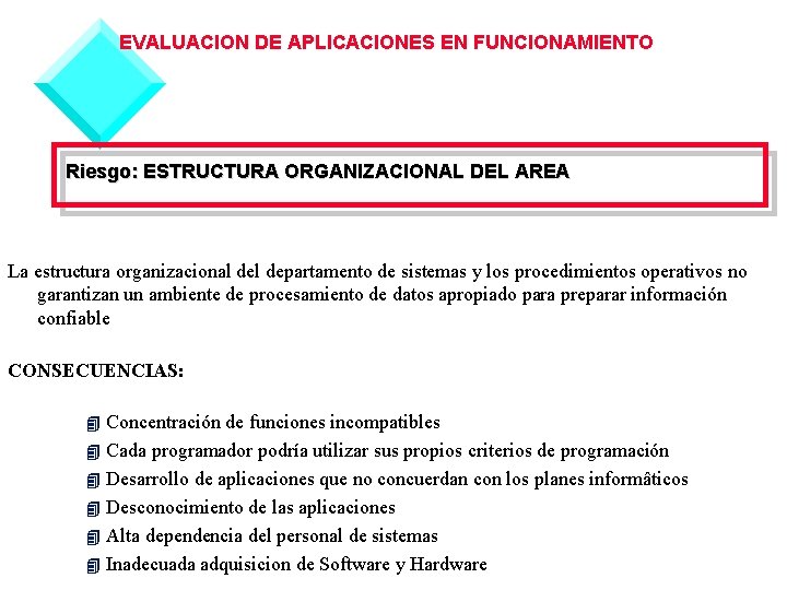 EVALUACION DE APLICACIONES EN FUNCIONAMIENTO Riesgo: ESTRUCTURA ORGANIZACIONAL DEL AREA La estructura organizacional departamento