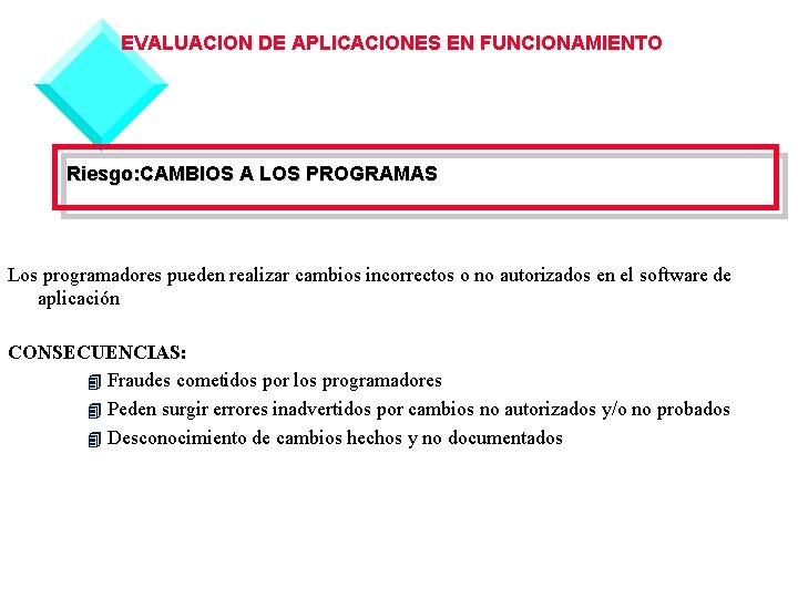 EVALUACION DE APLICACIONES EN FUNCIONAMIENTO Riesgo: CAMBIOS A LOS PROGRAMAS Los programadores pueden realizar