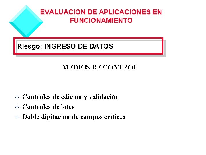 EVALUACION DE APLICACIONES EN FUNCIONAMIENTO Riesgo: INGRESO DE DATOS MEDIOS DE CONTROL v v