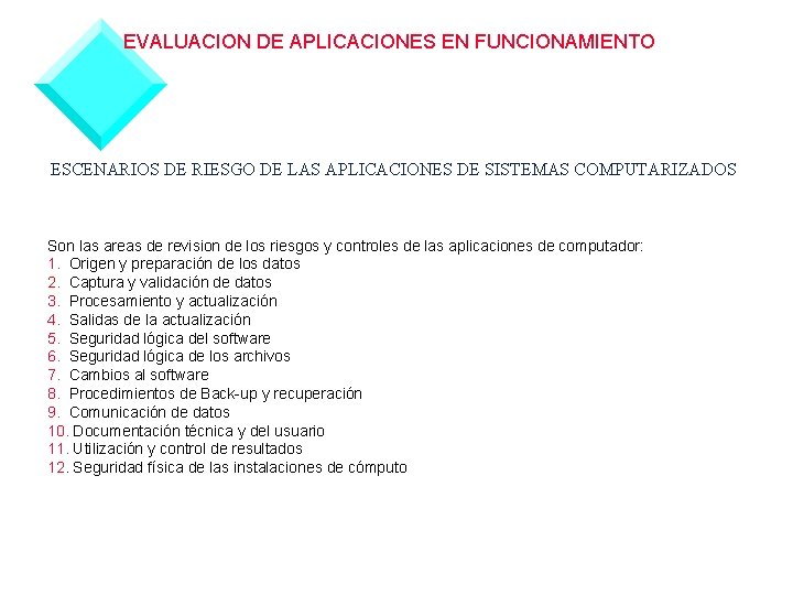 EVALUACION DE APLICACIONES EN FUNCIONAMIENTO ESCENARIOS DE RIESGO DE LAS APLICACIONES DE SISTEMAS COMPUTARIZADOS